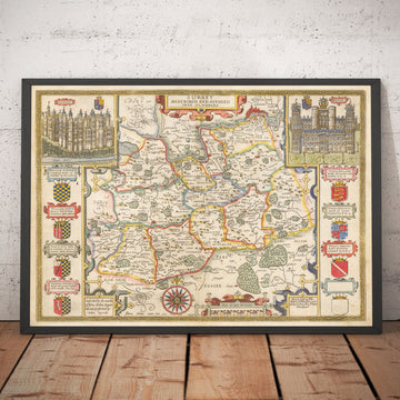Mappa antica del Surrey 1611 di John Speed - Woking, Guildford, Croydon, Richmond, Esher, Cobham, Sutton, Morden 