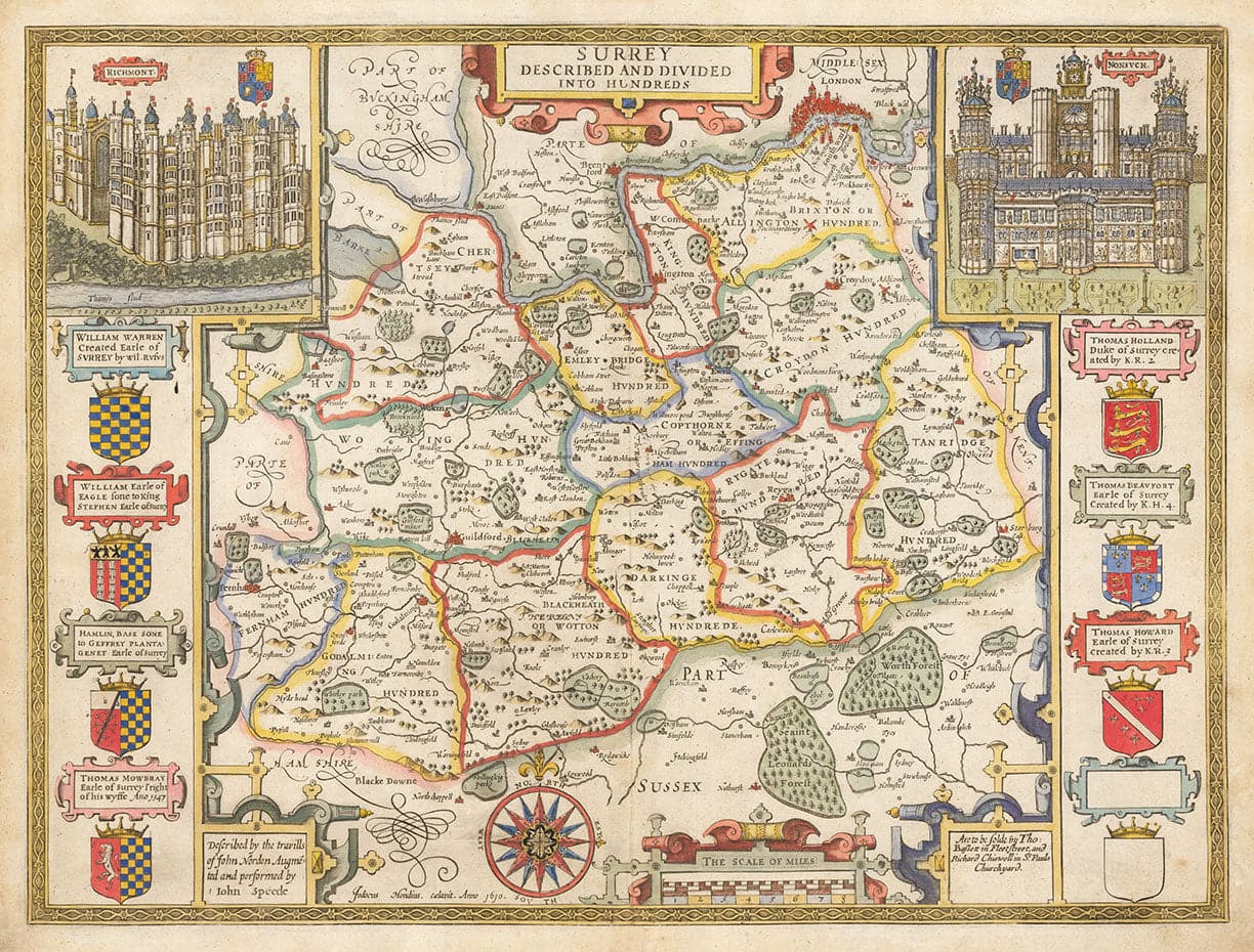 Old Map of Surrey 1611 by John Speed - Woking, Guildford, Croydon, Richmond, Esher, Cobham, Sutton, Morden