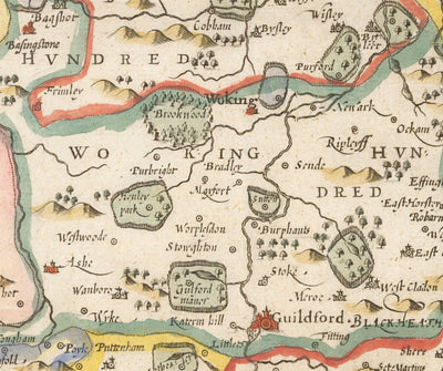 Old Map of Surrey 1611 by John Speed - Woking, Guildford, Croydon, Richmond, Esher, Cobham, Sutton, Morden