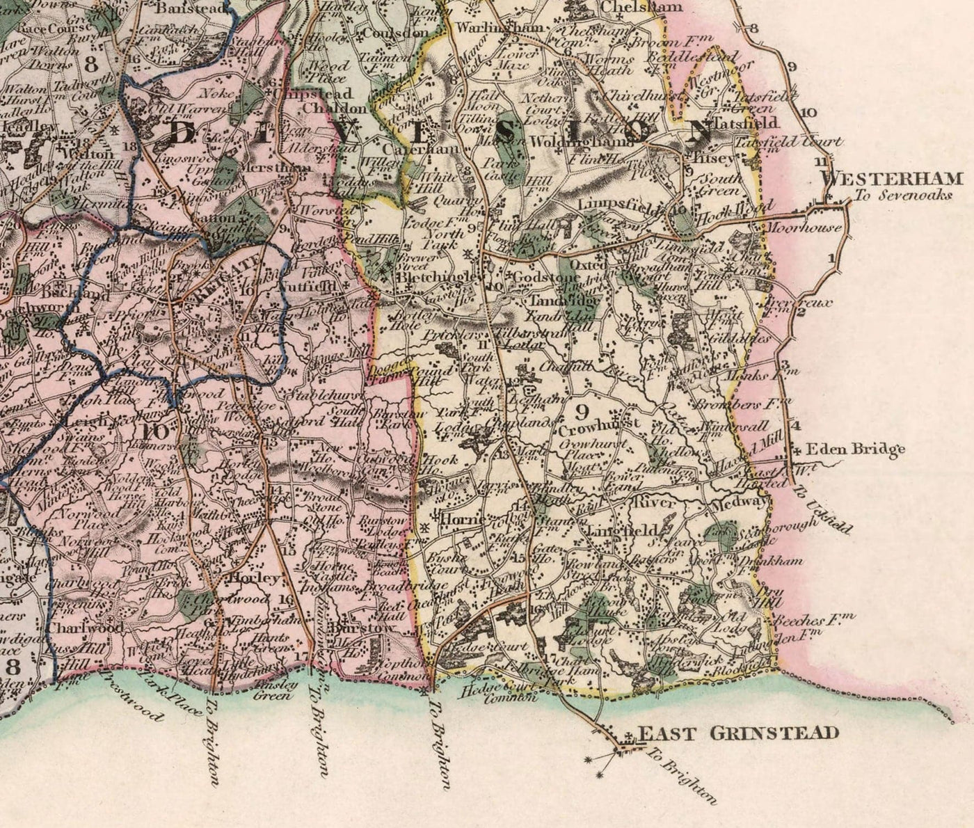 Old Map of Surrey 1829 by Greenwood & Co. - Woking, Guildford, Croydon, Richmond
