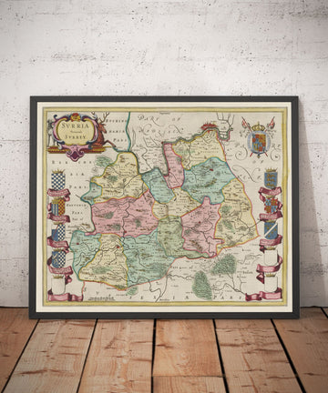 Ancienne carte de Surrey en 1665 par Joan Blaaeu - Woking, Guildford, Croydon, Richmond, Kingston, Regate