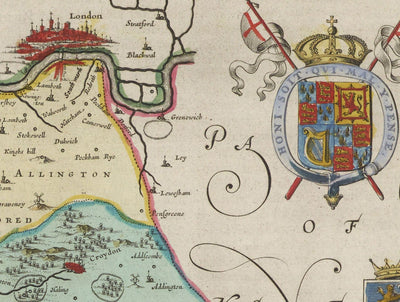 Old Map of Surrey in 1665 by Joan Blaeu - Woking, Guildford, Croydon, Richmond, Kingston, Reigate