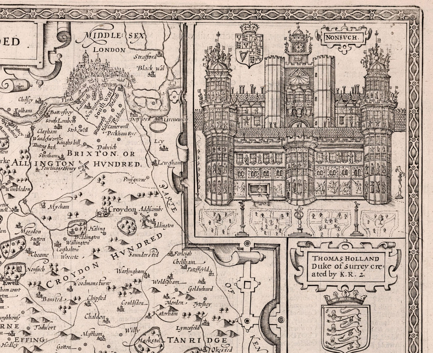 Old Map of Surrey in 1611 by John Speed - Woking, Guildford, Croydon, Richmond, London