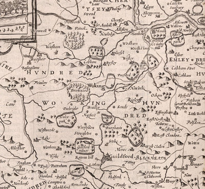 Old Map of Surrey in 1611 by John Speed - Woking, Guildford, Croydon, Richmond, London