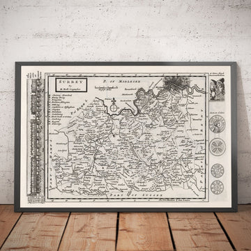 Ancienne Carte de Surrey 1724 de Herman Moll - Woking, Guildford, Croydon, Richmond, Lambeth, Southwark