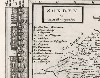 Old Map of Surrey 1724 by Herman Moll - Woking, Guildford, Croydon, Richmond, Lambeth, Southwark
