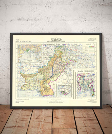 Erste Karte von Pakistan, 1953 - Alte Karte von unabhängigem West- und Ost-Pakistan - Lahore, Bangladesch, Kaschmir, Britisches Raj 