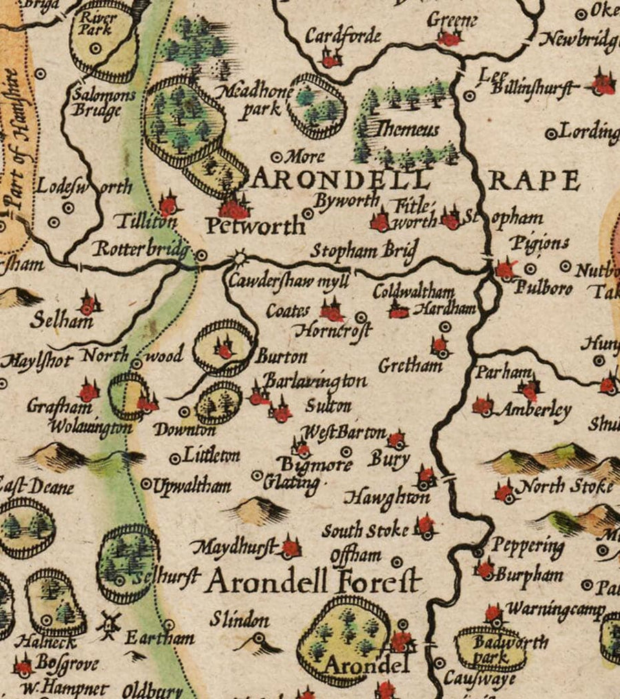 Mappa antica del Sussex nel 1611 di John Speed - Worthing, Crawley, Brighton, Bognor, Eastbourne 