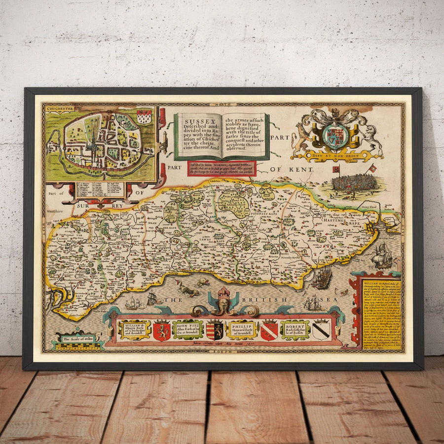 Mappa antica del Sussex nel 1611 di John Speed - Worthing, Crawley, Brighton, Bognor, Eastbourne 