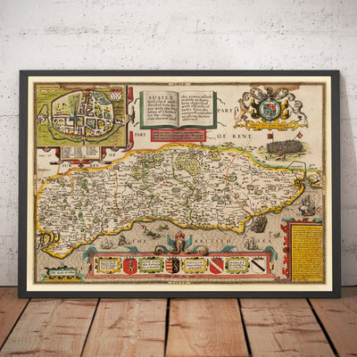 Old Map of Sussex in 1611 by John Speed - Worthing, Crawley, Brighton, Bognor, Eastbourne