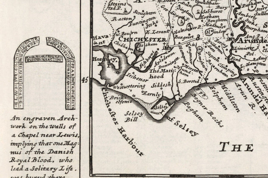 Mappa antica del Sussex 1724, di Herman Moll - Worthing, Crawley, Brighton, Bognor, Eastbourne 