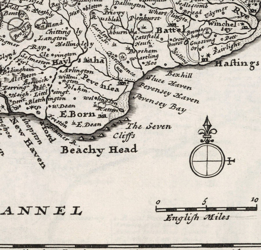 Mappa antica del Sussex 1724, di Herman Moll - Worthing, Crawley, Brighton, Bognor, Eastbourne 