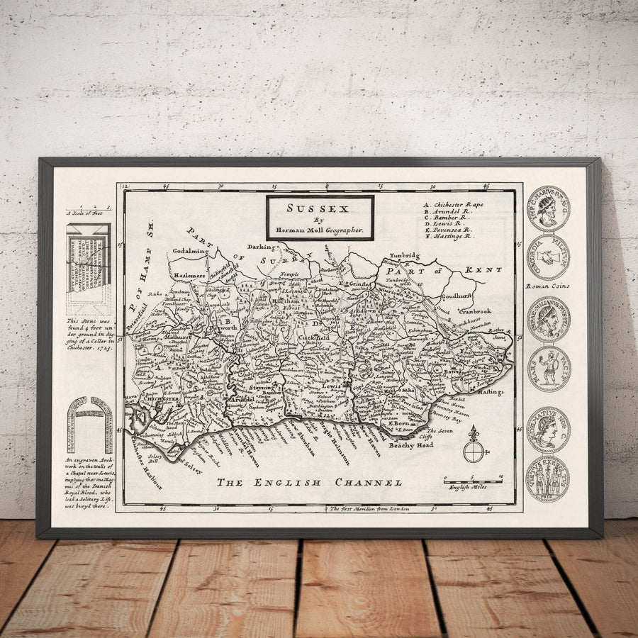 Mappa antica del Sussex 1724, di Herman Moll - Worthing, Crawley, Brighton, Bognor, Eastbourne 