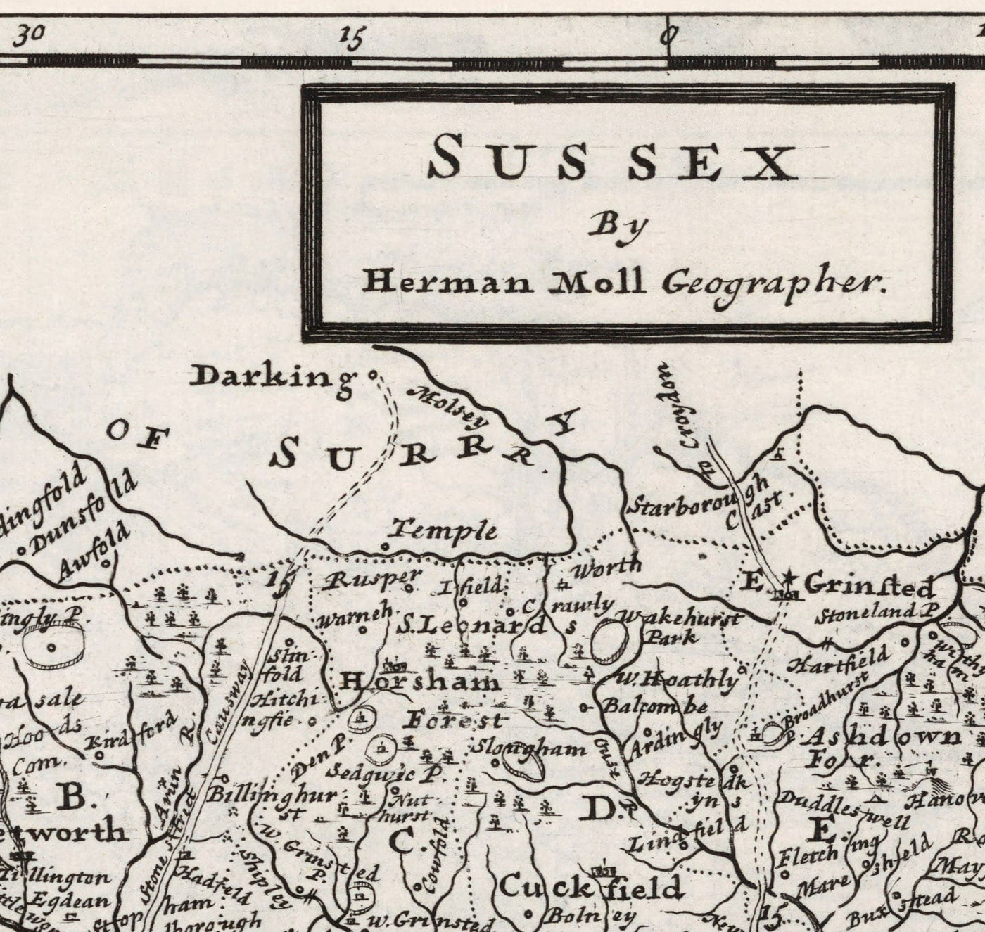 Old Map of Sussex 1724, by Herman Moll - Worthing, Crawley, Brighton, Bognor, Eastbourne