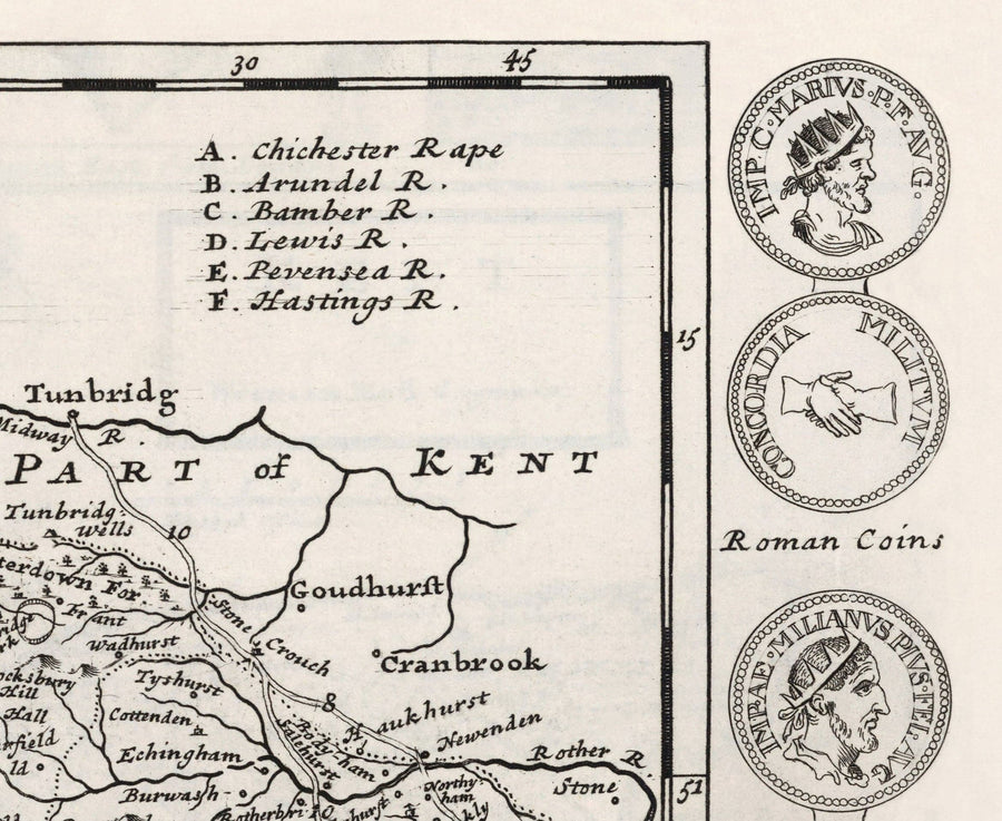 Mappa antica del Sussex 1724, di Herman Moll - Worthing, Crawley, Brighton, Bognor, Eastbourne 