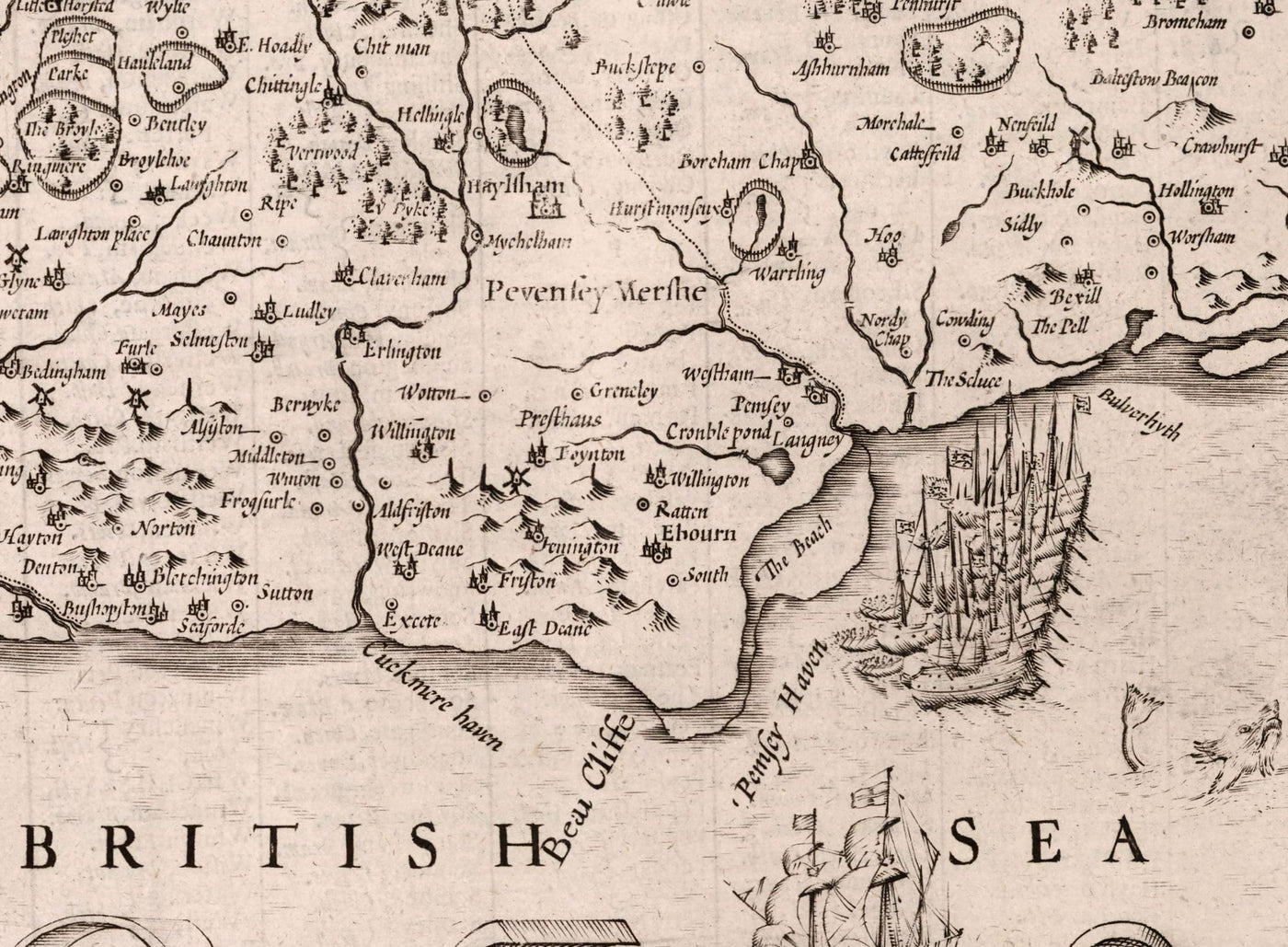 Old Map of Sussex in 1611 by John Speed - Worthing, Crawley, Brighton, Bognor, Eastbourne, Littlehampton, Horsham
