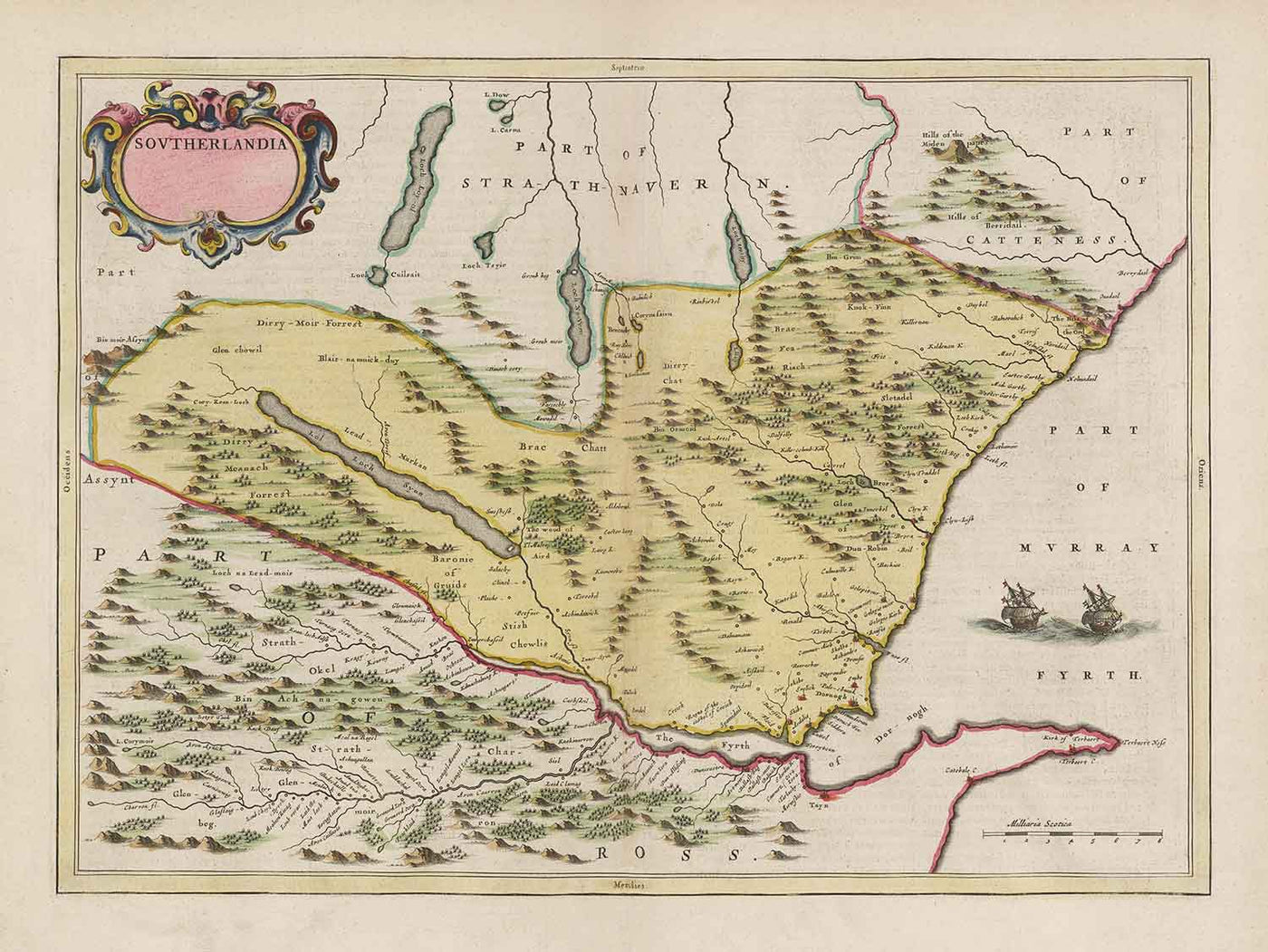 Old Map of Sutherland in 1665 by Joan Blaeu - Dornoch, Tain, Brora, Skelbo, Helmsdale