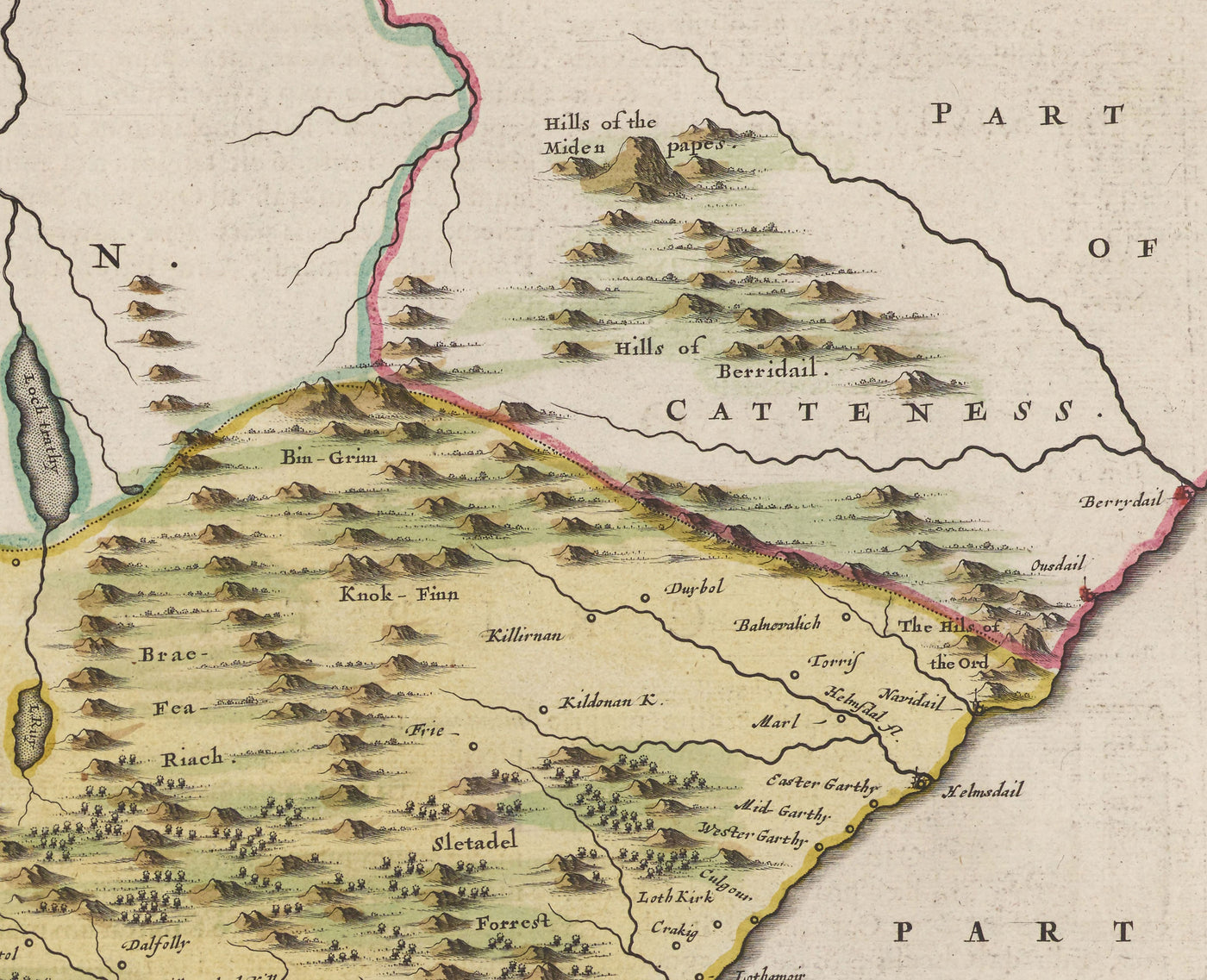 Antiguo mapa de Sutherland en 1665 por Joan Blaeu - Dornoch, Tain, Brora, Skelbo, Helmsdale