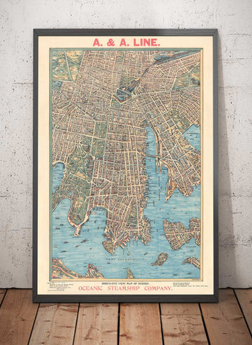 Mappa antica di Sydney 1902 di John Andrew - Baie, Porti, Port Jackson, Stazione Centrale, Giardino Botanico 