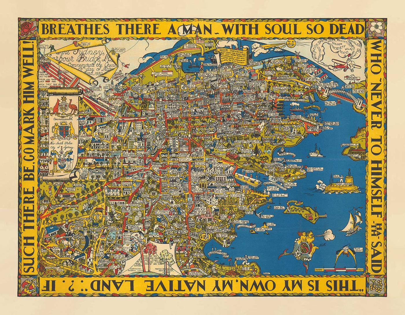 Old Pictorial Map of Sydney, 1932 by Russell Lloyd - Harbour Bridge, Bays, Central Station, Botanic Gardens & Mermaids!