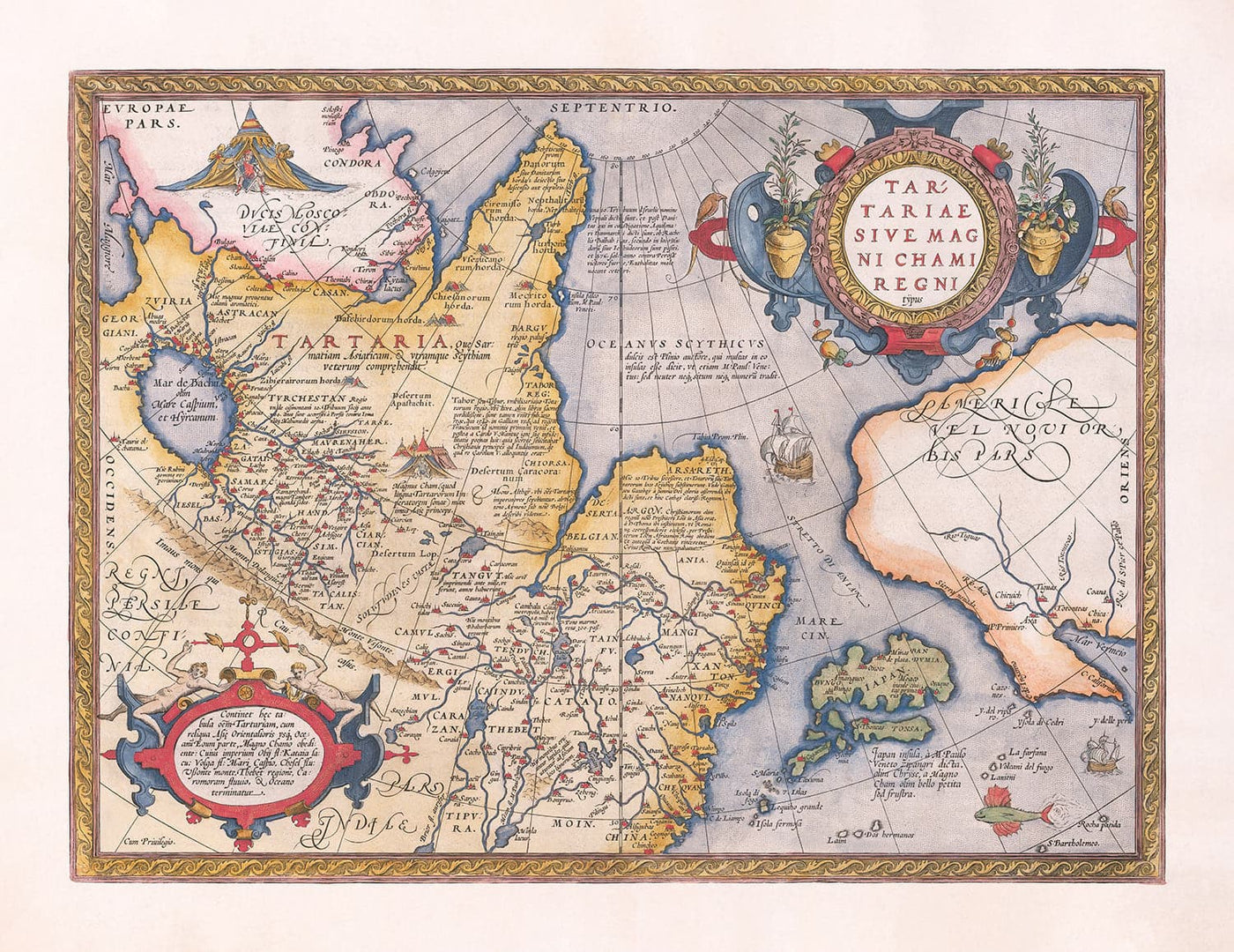 Old Map of Tartary (Russia, Siberia, China) in 1584 by Ortelius - Rare Chart of Central Asia, America, Japan