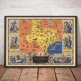 Antiguo mapa pictórico de la historia de Texas, 1936 - Centenario, Caída del Álamo, Houston, Dallas, Waco, Ganado Longhorn