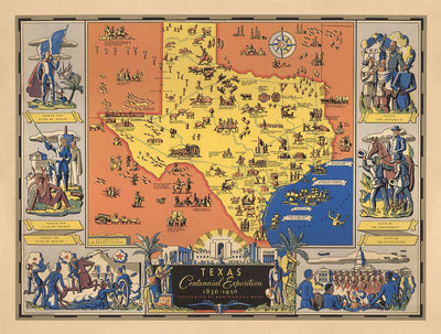 Old Pictorial Map of Texas History, 1936 - Centennial, Fall of the Alamo, Houston, Dallas, Waco, Longhorn Cattle