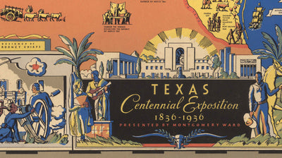 Old Pictorial Map of Texas History, 1936 - Centennial, Fall of the Alamo, Houston, Dallas, Waco, Longhorn Cattle