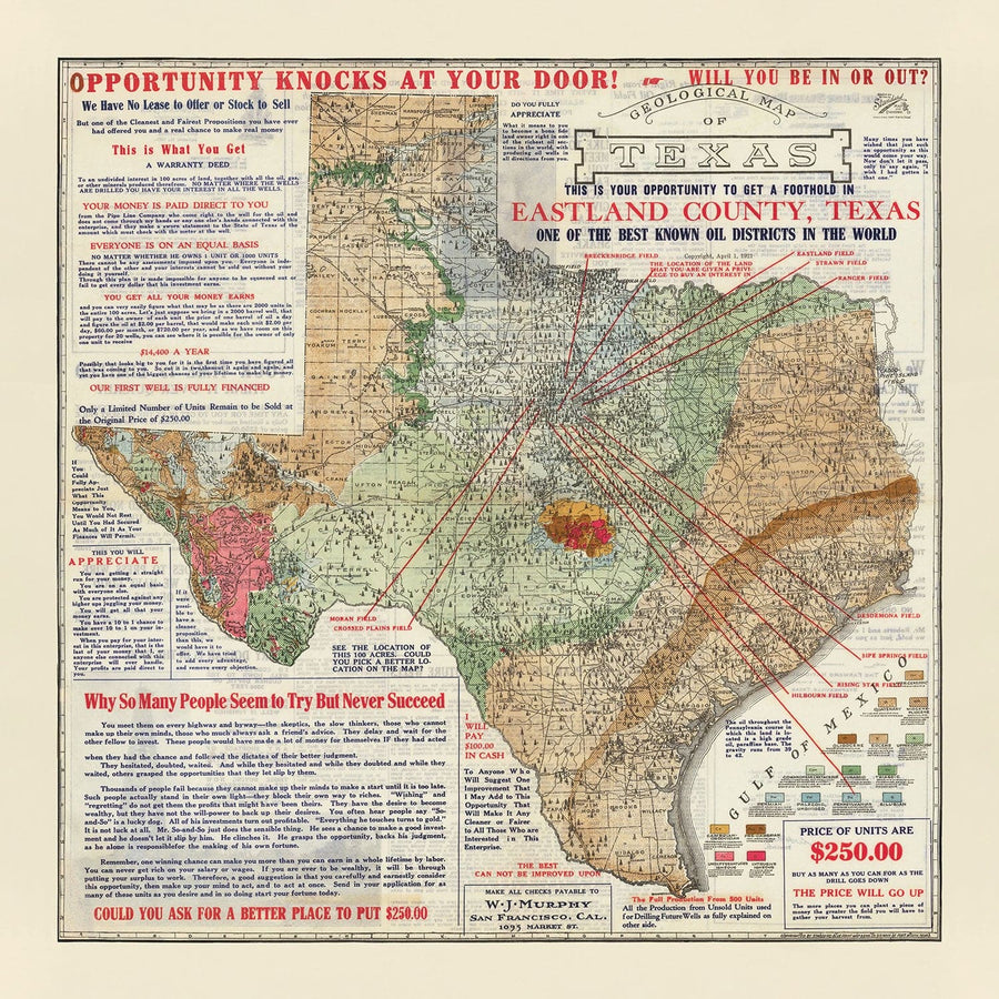 Mappa geologica antica e rara del Texas, 1921 - Grafico degli investimenti nel boom petrolifero della contea di Eastland 