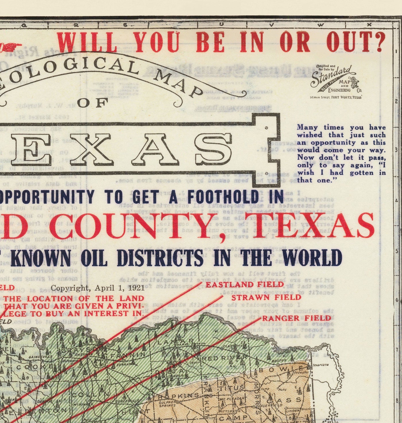 Rare Old Geological Map of Texas, 1921 - Eastland County Oil Boom Investment Chart