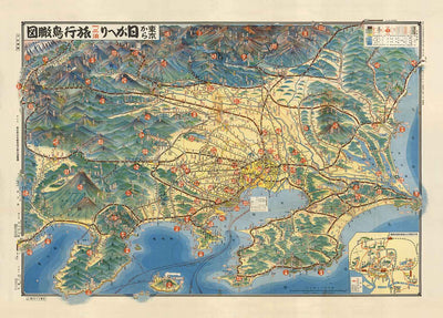 Old Pictorial Map of Tokyo in 1932 by Noriai Jidosha Co. - Chuo, Shinjuku, Koto, Meguro, Taito