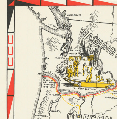 Old Map of Lewis & Clark Expedition - Corps of Discovery, Oregon Trail, Mormons, Pony Express, Louisiana Purchase