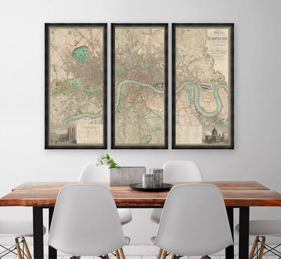 Old London Map - Antique Triptych Framed Wall Art - Greenwood 1830 or Poverty Map 1898