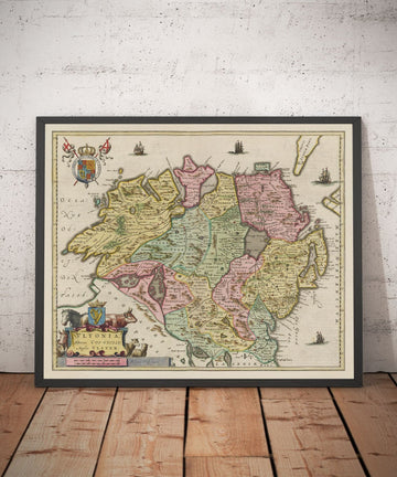Alte Karte von Ulster, Nordirland im Jahr 1665 von Joan Blaeu - Belfast, Derry, County Antrim & Down, Eire 