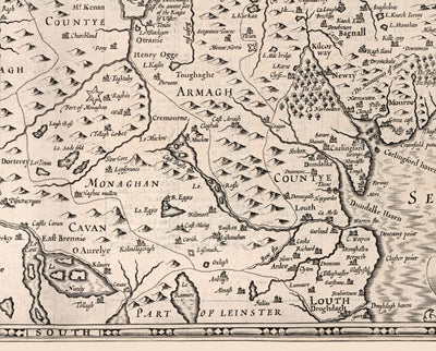 Old Monochrome Map of Ulster, Northern Ireland in 1611 by John Speed - Belfast, Derry (not Londonderry), County Antrim & Down