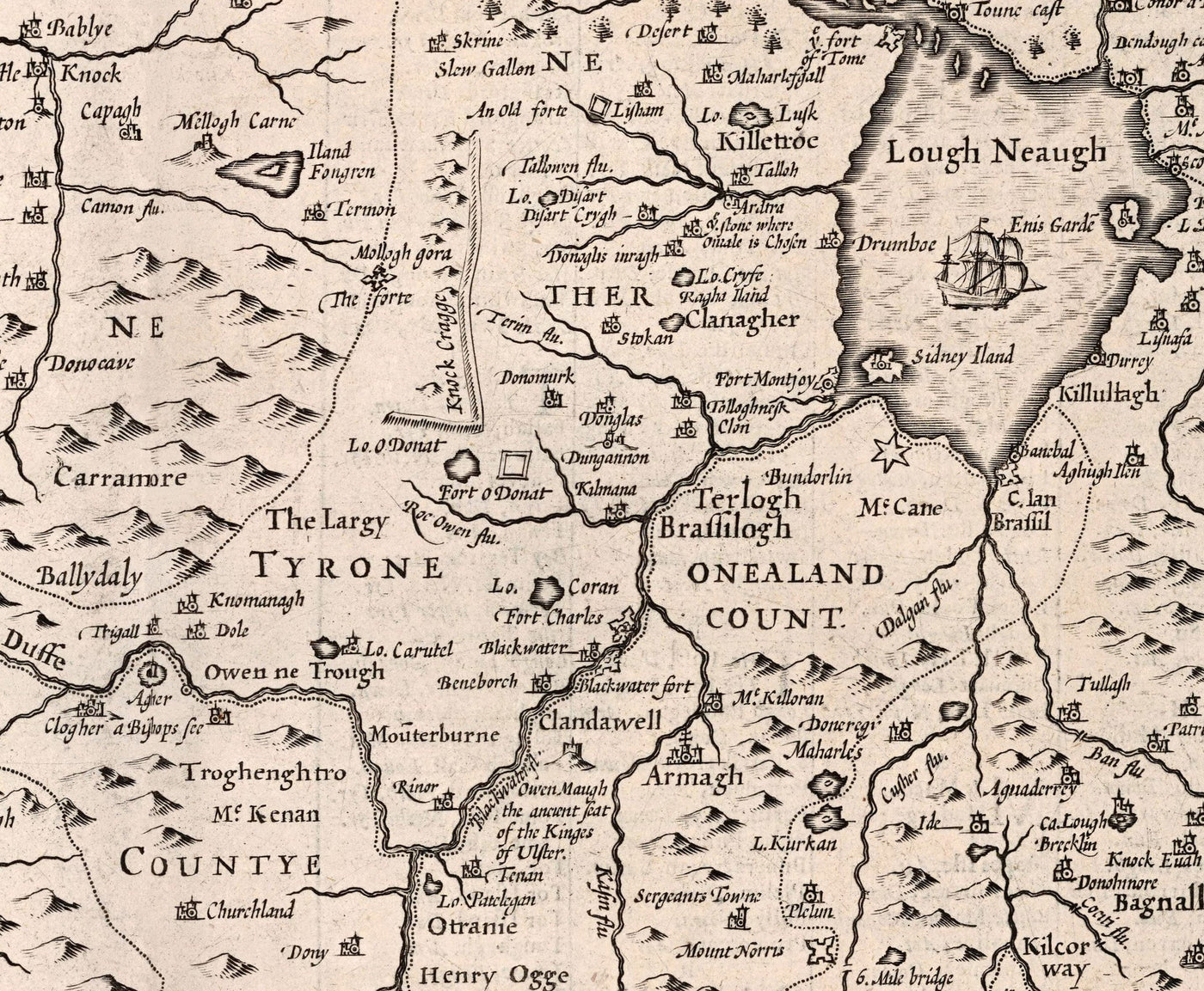 Old Monochrome Map of Ulster, Northern Ireland in 1611 by John Speed - Belfast, Derry (not Londonderry), County Antrim & Down