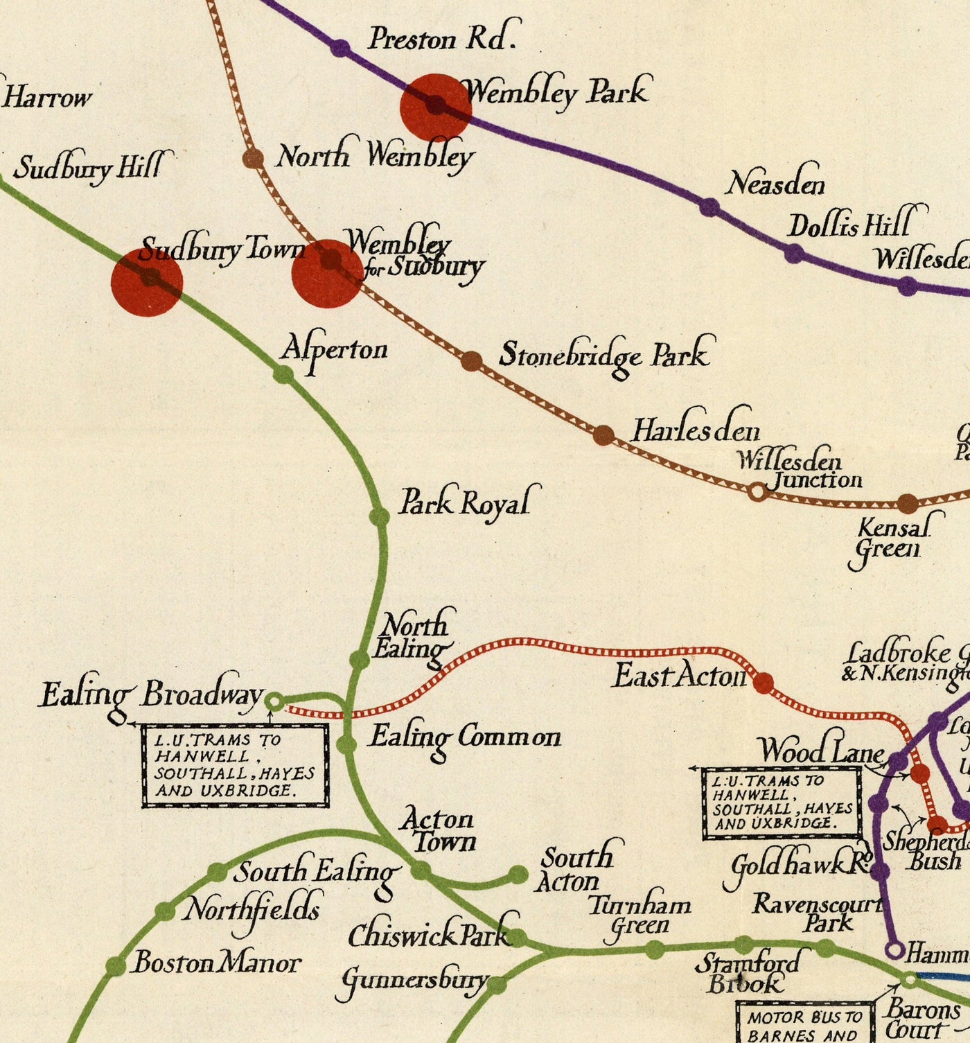 Old London Underground Tube Map, 1923 - Oxford Circus, Piccadilly, Central Line