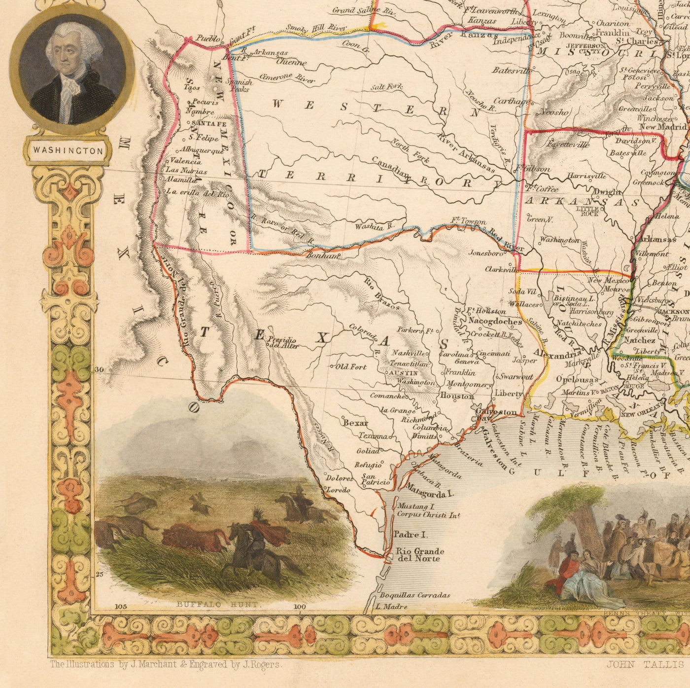 Old Map of the USA, 1851 by Tallis & Rapkin - Large Texas, Western and Missouri Territory, Odd Borders
