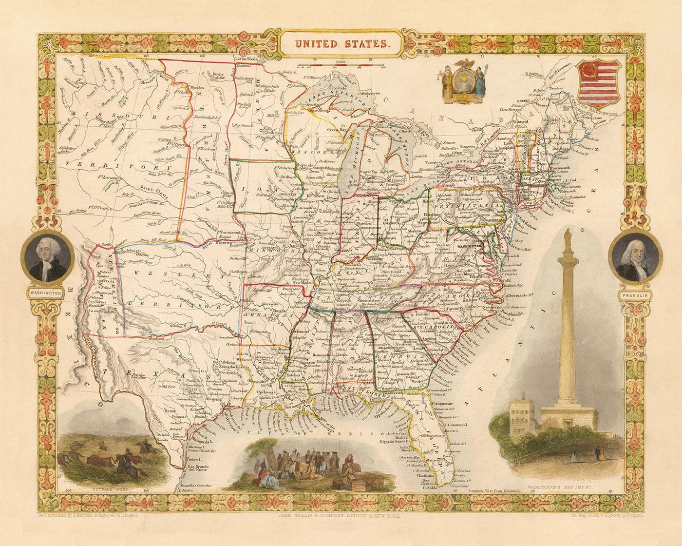 Old Map of the USA, 1851 by Tallis & Rapkin - Large Texas, Western and Missouri Territory, Odd Borders