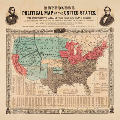 Old Political Map of the USA, 1856 - American Civil War Free vs. Slate States, North vs. South - Missouri Compromise