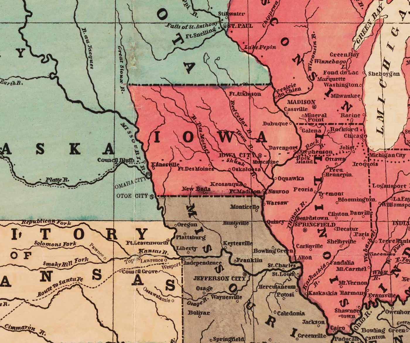 Old Political Map of the USA, 1856 - American Civil War Free vs. Slate States, North vs. South - Missouri Compromise