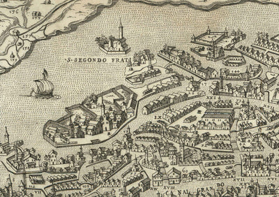 Rare Old Map of Venice, 1570 by Claudio Duchetti - San Giorgio Maggiore, Giudecca, Grand Canal, Merchant Ships