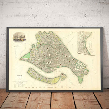 Alte Karte von Venedig, 1838 von W.B. Clarke & SDUK - Venedig, Lagune, Basilika San Marco, Canal Grande, Rialtobrücke 