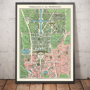 Mapa antiguo del Palacio de Versalles y sus jardines, 1920 por Leconte - París, Gran Canal, Rey Luis XIV, XV, XVI