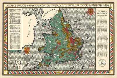 Old Map of Agriculture & Fisheries in England and Wales by Macdonald Gill - Poultry, Dairy, Crops, Produce, Farms