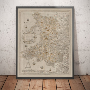 Mapa antiguo de Gales, Cymru de Christopher Saxton en 1580 - primer mapa preciso de Gales