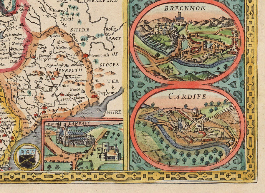 Antica Mappa a Colori del Galles, Cymru di John Speed, 1610 