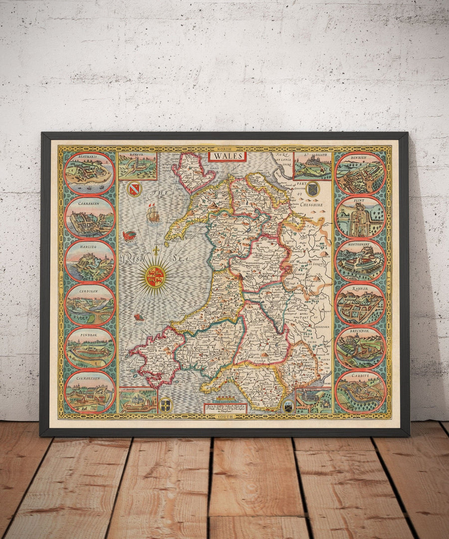 Antica Mappa a Colori del Galles, Cymru di John Speed, 1610 