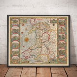 Old Colour Map of Wales, Cymru by John Speed, 1610