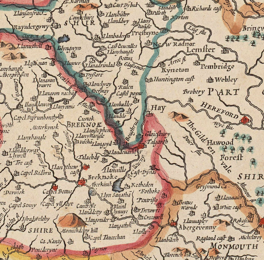 Antica Mappa a Colori del Galles, Cymru di John Speed, 1610 